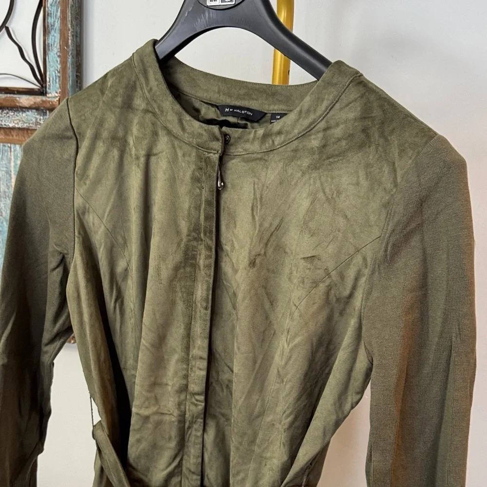 H by Halston Olive  faux suede Coat blazer with knit sleeves NWOT 14